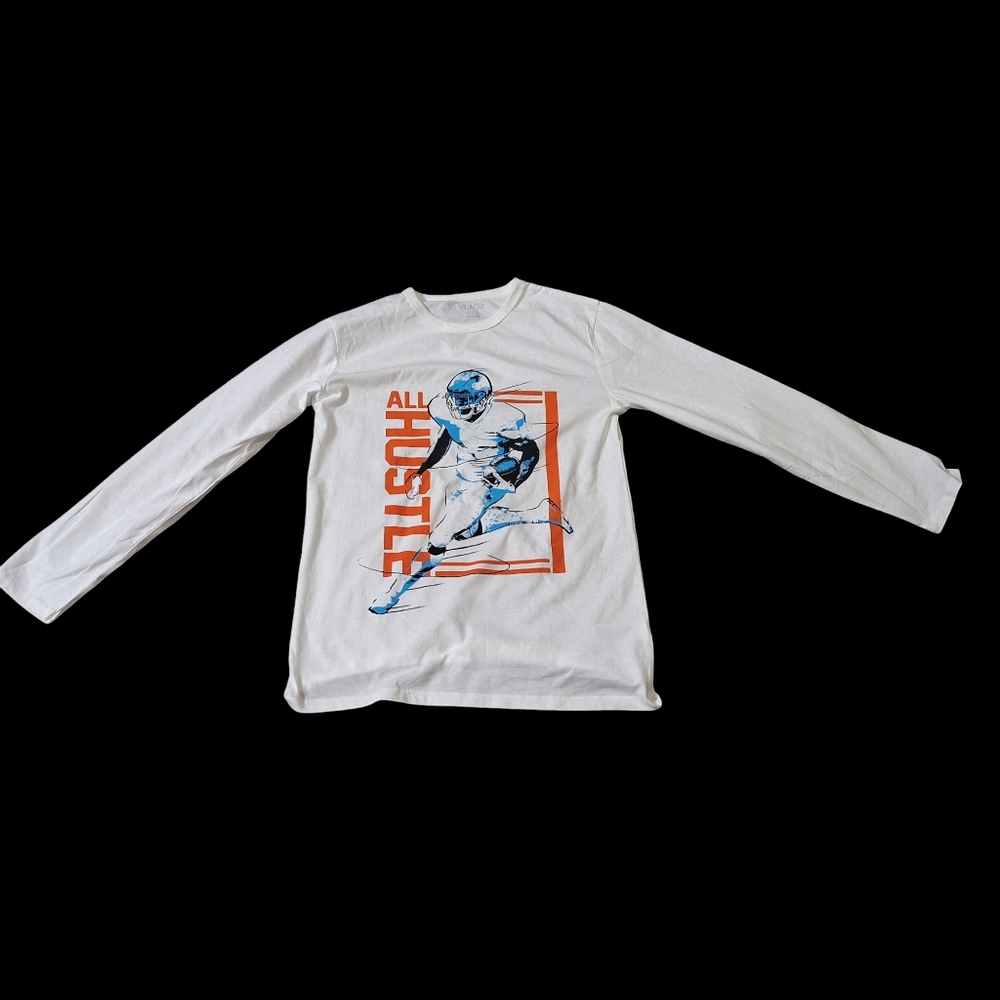 NWT Children's Place White Longsleeve Tshirt w/ "All Hustle" Orange letters XL14